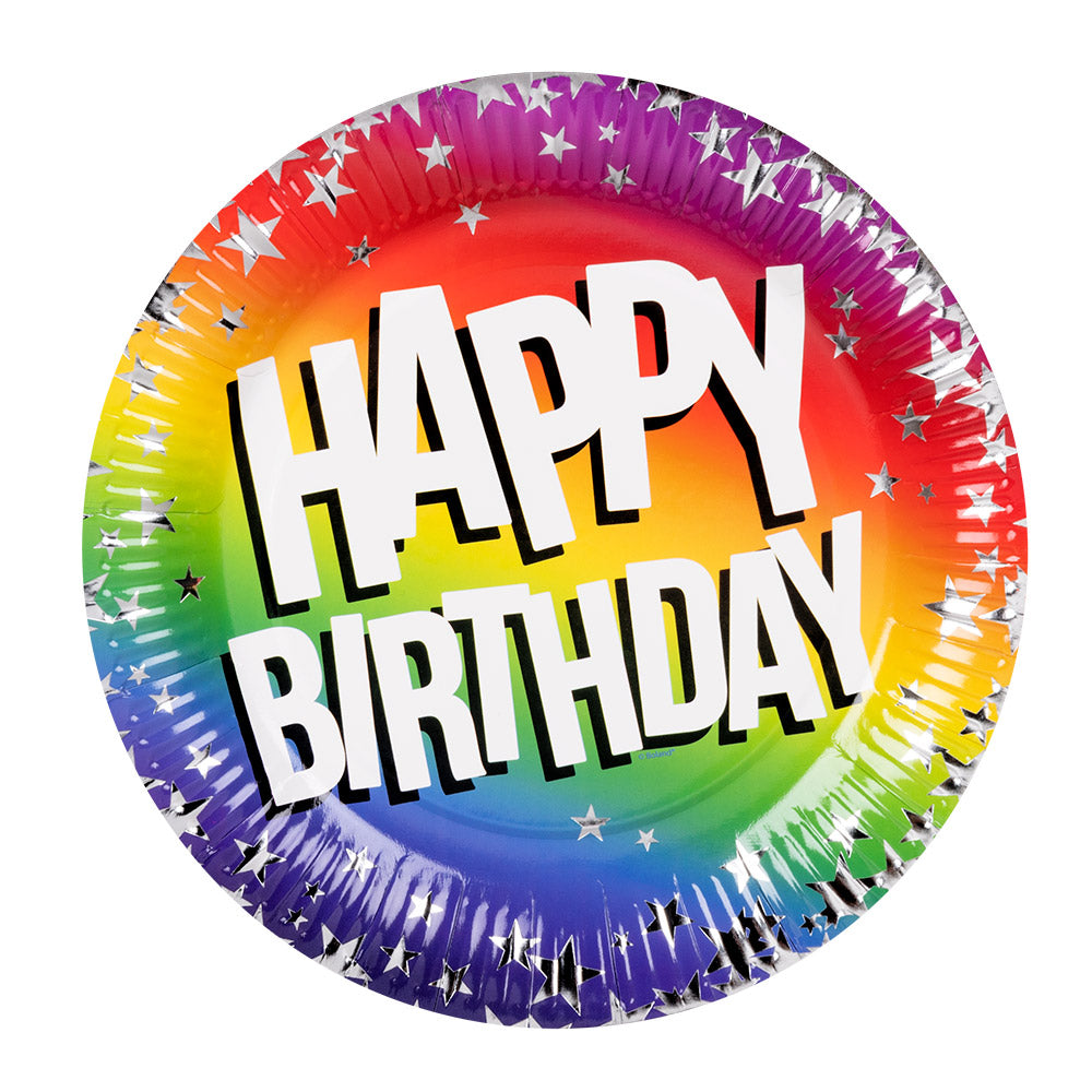 Set of 10 large rainbow paper plates with "Happy birthday" design, perfect for birthday party tableware, 23 cm diameter.