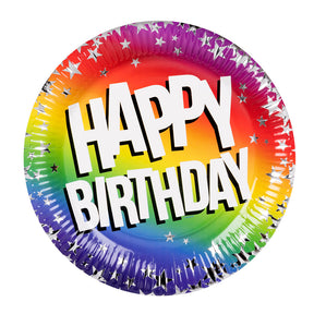 Set of 10 large rainbow paper plates with "Happy birthday" design, perfect for birthday party tableware, 23 cm diameter.