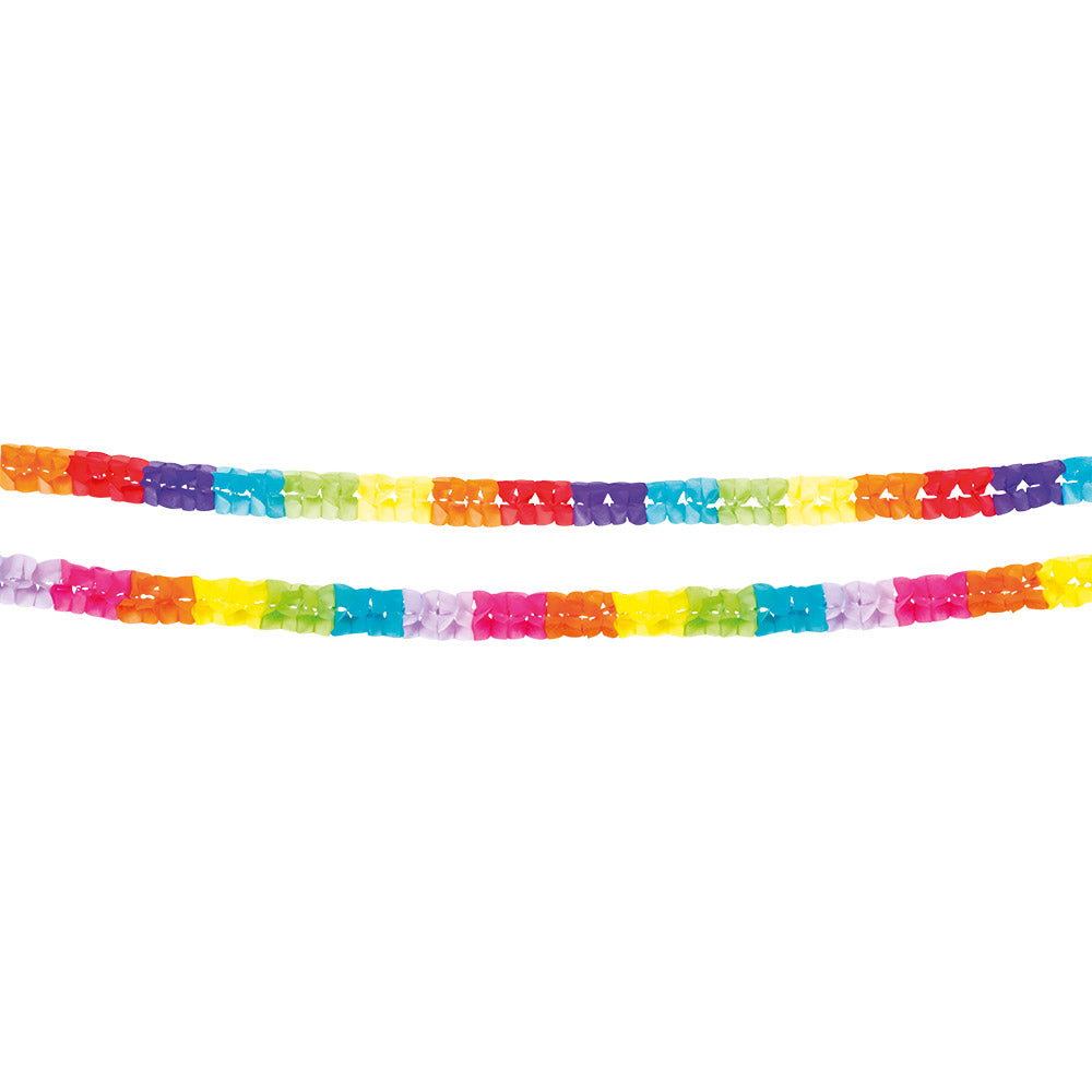Set of two multicolor paper garlands, each 2.5 meters long, perfect for party decorations and festive events.