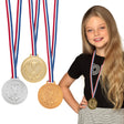 Set of three podium medals, each 6 cm in diameter, made from polyethylene, polyester, and nylon, ideal for award ceremonies, sports competitions, and champion recognition for adults and children.
