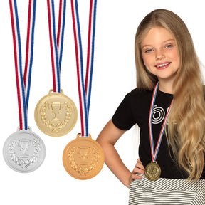 Set of three podium medals, each 6 cm in diameter, made from polyethylene, polyester, and nylon, ideal for award ceremonies, sports competitions, and champion recognition for adults and children.