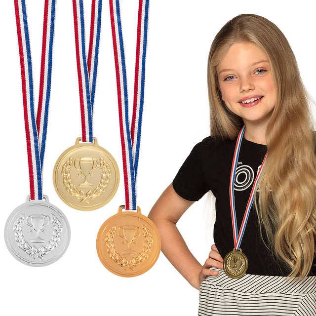 Set of three podium medals, each 6 cm in diameter, made from polyethylene, polyester, and nylon, ideal for award ceremonies, sports competitions, and champion recognition for adults and children.