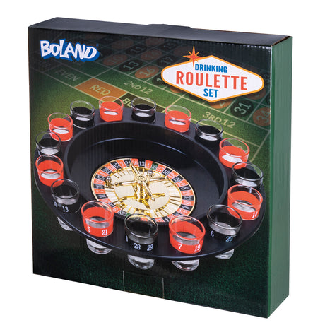 Drinking roulette game set with 30 cm roulette wheel, 16 shot glasses, and 2 balls, perfect for adult party games and entertaining.