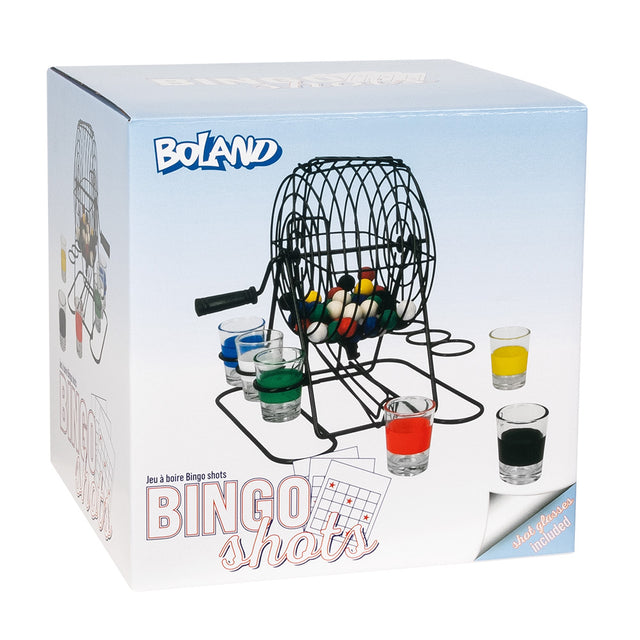 Bingo drinking game set with metal bingo wheel, 48 balls, and six shot glasses, perfect for party games and entertaining.