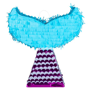 Mermaid tail piñata made of 100% paper, measuring 45 x 40 x 9 cm, perfect for birthday parties and mermaid-themed celebrations.