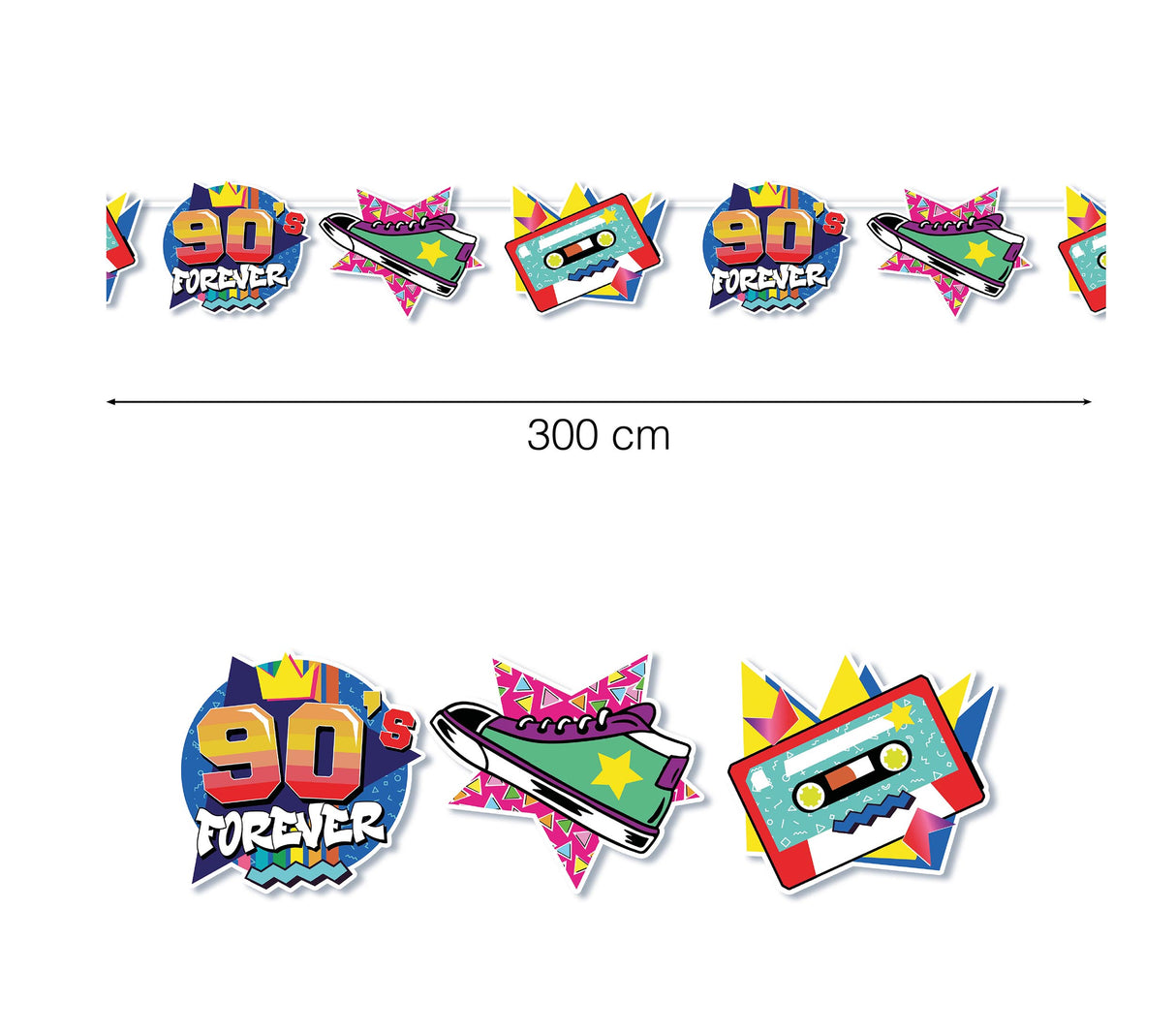 Multicolor 90s party paper garland, 300 cm long, decorative accessory for festive event decoration.
