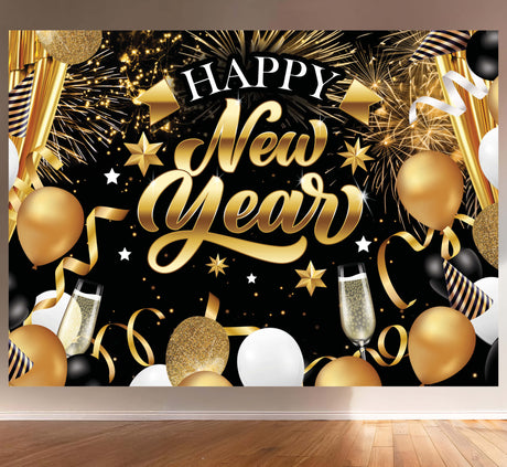 Happy New Year photo backdrop 220x150 cm in black and gold PVC, perfect for party decoration on walls, doors, or windows.