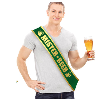 Green and gold polyester Mister Beer scarf for men, perfect party accessory for beer and beverage themed bachelor celebrations, measuring 70 by 9 centimeters.