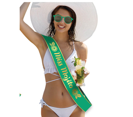 Green and gold polyester scarf for women, perfect for bachelorette parties and beer-themed celebrations, measuring 70 x 9 cm.