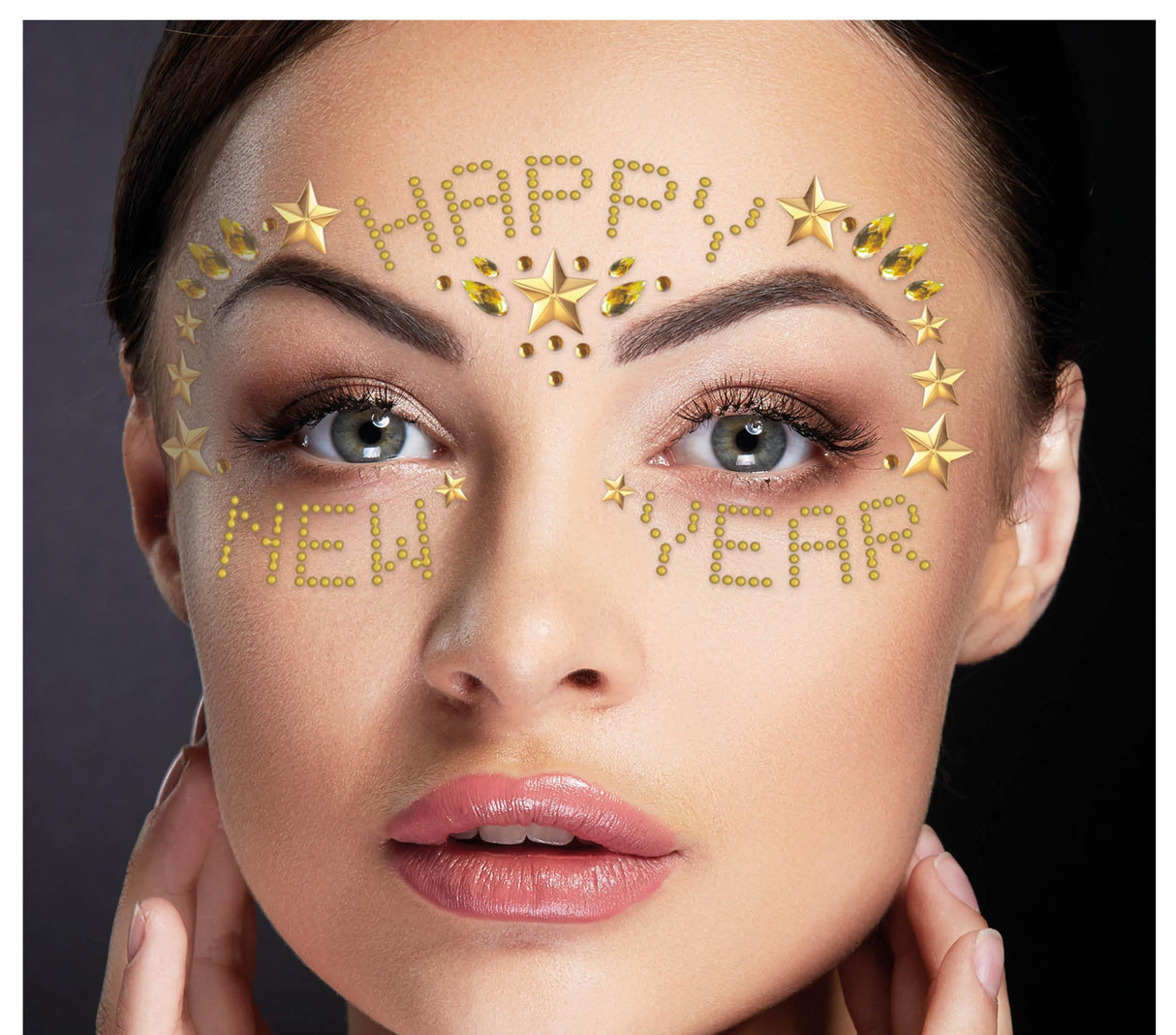 Gold resin adhesive face jewels for New Year party makeup, festive face decorations for holiday celebrations.