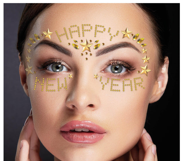 Gold resin adhesive face jewels for New Year party makeup, festive face decorations for holiday celebrations.