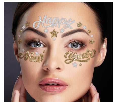 Gold and silver adhesive face jewels for New Year makeup, festive face decorations made of resin, perfect for holiday celebrations.