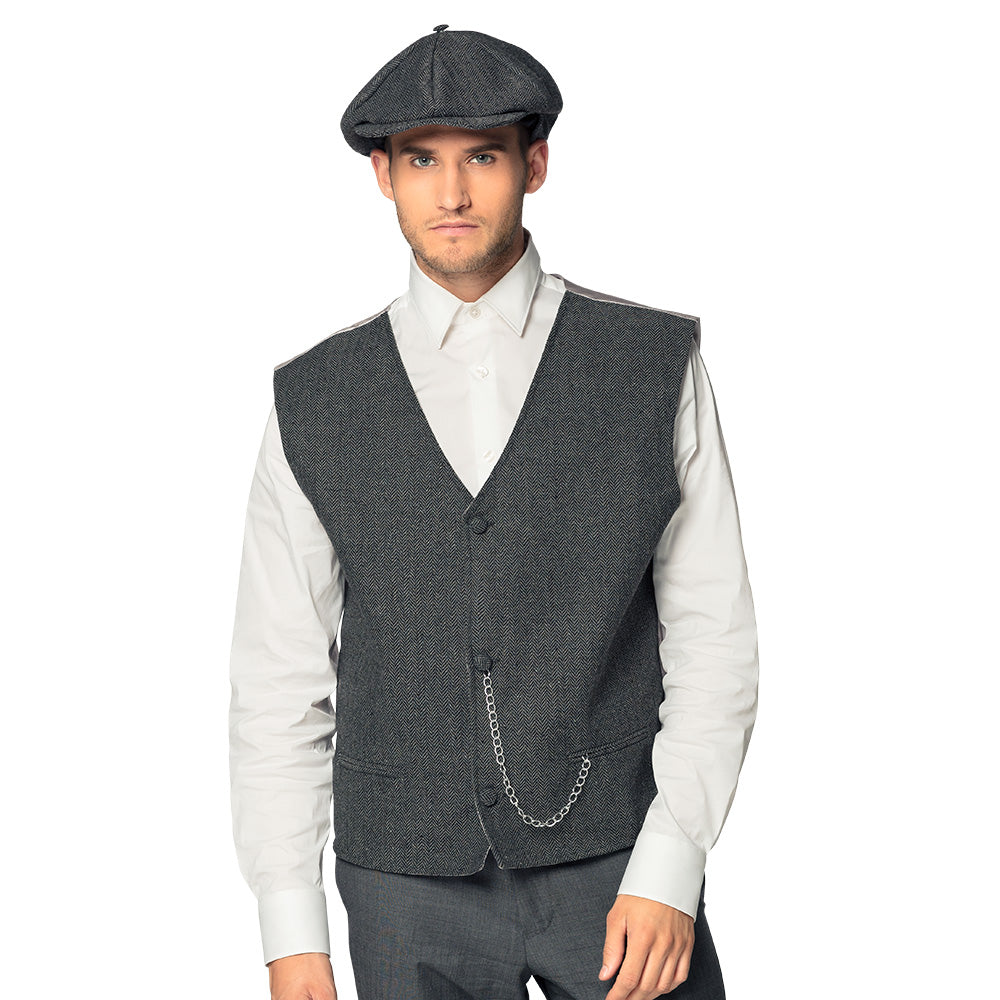 Men's Birmingham set XL featuring a 1920s flapper style cap and vest with silver chain and pockets, made of 100% polyester, ideal for adults and themed parties.