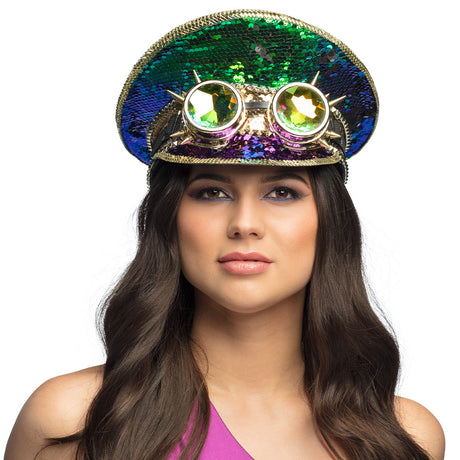 Ultimate festival cap with attached party glasses, multicolor design, adult unisex, made of polyester and polypropylene, perfect for festival accessories.