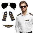 Pilot costume accessory set for adults featuring party glasses, badge, and epaulettes, ideal for aviation-themed events.