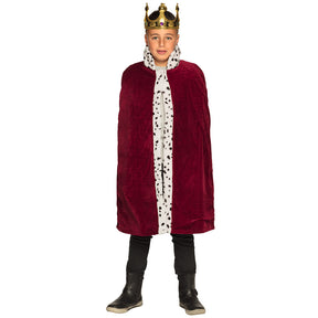 Children's royal king costume coat in burgundy, 90 cm, with collar and velcro closure, made of 100% polyester, suitable for boys and girls.