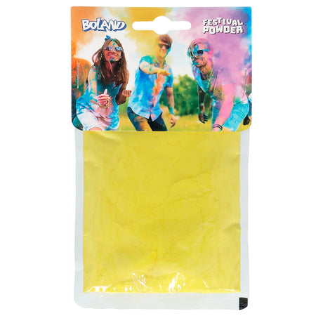 Yellow festival color powder 70g made from 100% corn starch, ideal for parties, events, and celebrations.