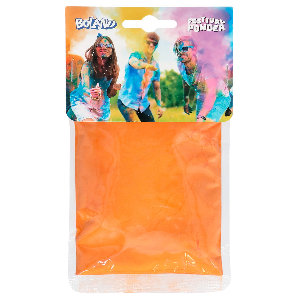 Orange festival color powder 70g made from 100% corn starch, ideal for parties, events, and celebrations.