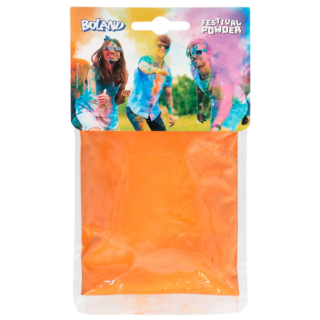 Orange festival color powder 70g made from 100% corn starch, ideal for parties, events, and celebrations.
