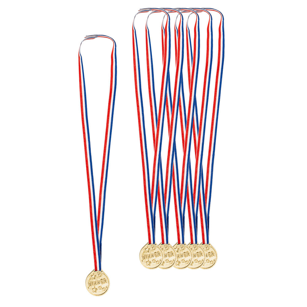 Set of 6 gold winner medals for adults, each 3.5 cm in diameter, made of polypropylene and polyester, ideal for races, champions, and toy prizes.