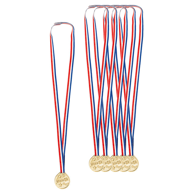 Set of 6 gold winner medals for adults, each 3.5 cm in diameter, made of polypropylene and polyester, ideal for races, champions, and toy prizes.