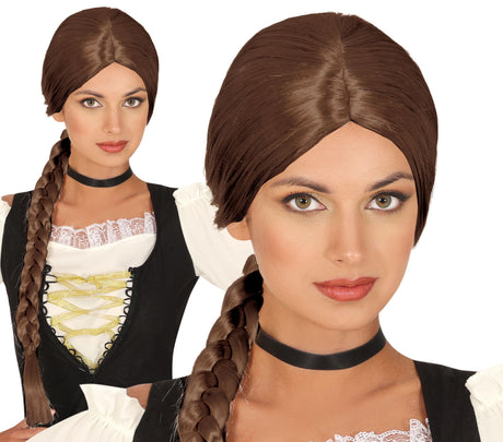 Brown synthetic braided wig for adult women, perfect for medieval princess costume or themed events.