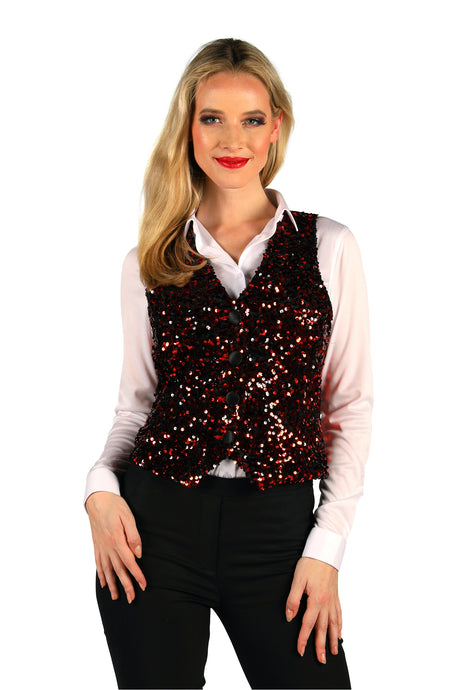 Gilet Paillettes Femme Westend Rouge Noir - Déguisement Soirée Festive