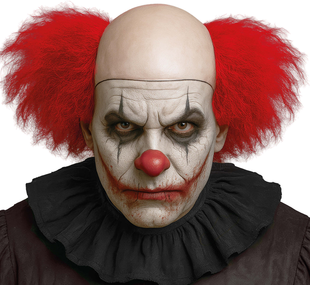 Scary clown wig with red synthetic hair and latex base for adult men, perfect Halloween costume accessory.