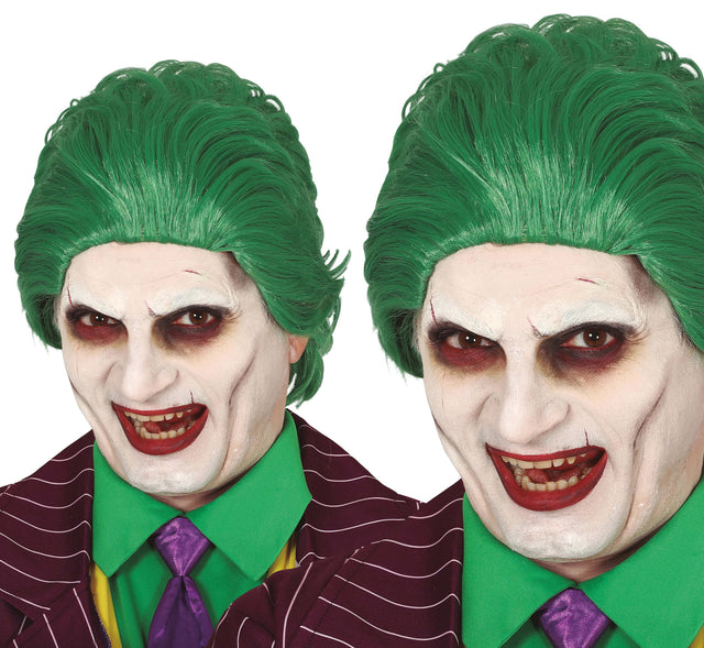 Green clown wig with synthetic hair for men, Halloween costume accessory, Mr. Smile theme, includes box.