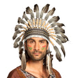Native American chief headdress for men, adult size, made of 85% polyester and 15% cock feathers, traditional costume accessory.