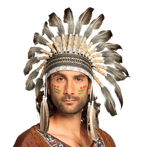 Native American chief headdress for men, adult size, made of 85% polyester and 15% cock feathers, traditional costume accessory.