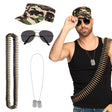 Soldier costume accessory set for adults featuring a cap, party sunglasses, bullet necklace, and bullet belt, ideal for army-themed parties.