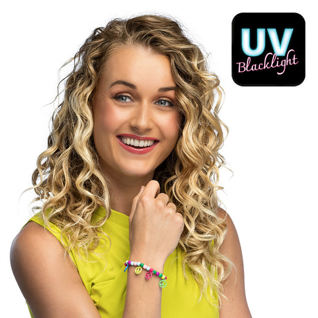 Colorful hippie bracelet for women made of acrylic, zinc alloy, and iron, inspired by 60s and 70s fashion, displayed with hangtag packaging.