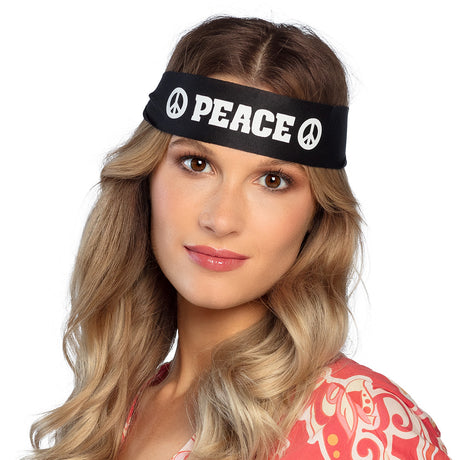 Black polyester hippie headband for adults featuring a 60s and 70s peace design, unisex accessory.