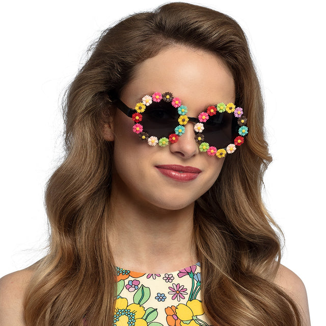 Colorful retro party sunglasses for women, 60s and 70s hippie festival style, multicolor polycarbonate and acrylic adult eyewear.