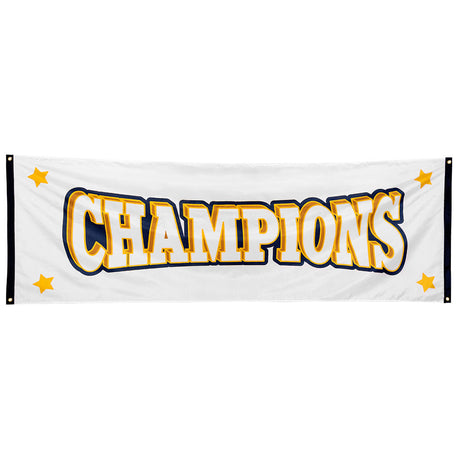 Polyester banner featuring Champions design, measuring 74 x 220 cm, made from 100% polyester, ideal for events or store displays.