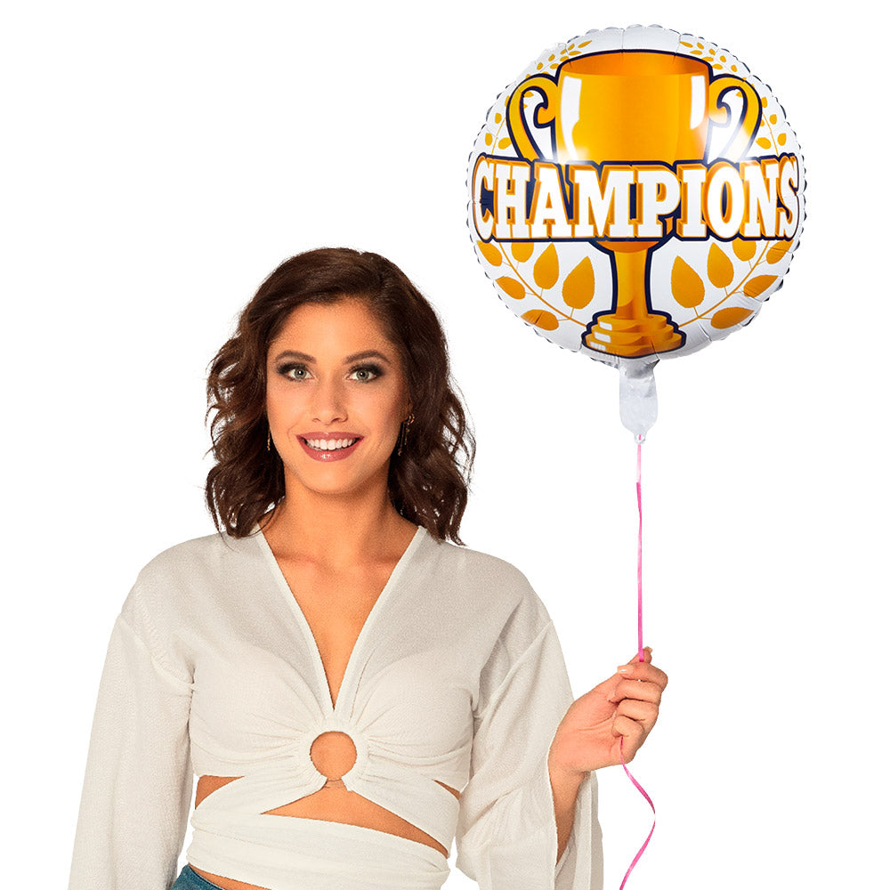 Round aluminum balloon with "Champions" design, 45 cm diameter, double-sided, helium compatible, ideal for sports celebrations and party decorations.