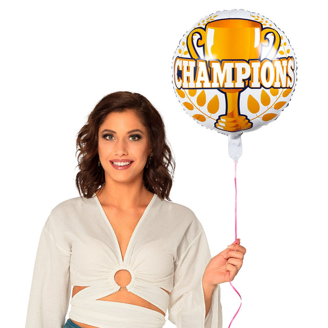 Round aluminum balloon with "Champions" design, 45 cm diameter, double-sided, helium compatible, ideal for sports celebrations and party decorations.