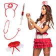 Nurse costume accessory set for adults featuring a tiara, stethoscope, and garter with syringe pen, ideal for medical-themed parties or cosplay.