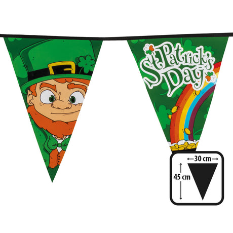 Giant St. Patrick's Day pennant banner with 14 green and white flags, 8 meters long, made of durable polyethylene, perfect for festive party decorations.