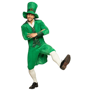 Adult men's Leprechaun costume in size 50/52 made of 100% polyester, perfect for St. Patrick's Day celebrations.