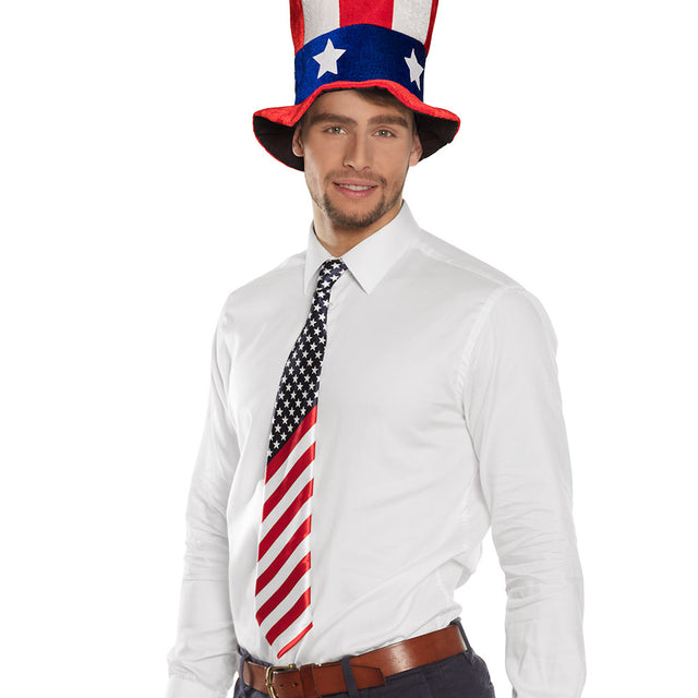 Men's USA necktie, 140 cm untied, 100% polyester, adult size, featuring hangtag packaging.