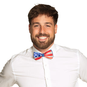 Men's USA flag bow tie made of 100% polyester, adult size, displayed on card packaging.