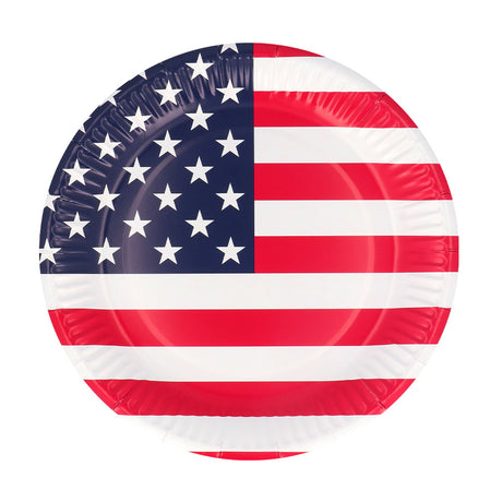 Set of 10 disposable paper plates with American flag design, 23 cm diameter, perfect for USA-themed parties and patriotic celebrations.