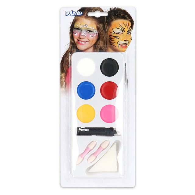 Children's face paint makeup kit with palette, sponge, and two brushes, ideal for boys and girls, featuring safe grease-based colors in blister packaging.