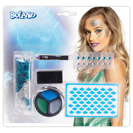 Mermaid makeup kit with fish scale stencils, rhinestones, makeup stick, grease face paint, glitter gel, and sponge, ideal for creating fantasy mermaid looks for adults and children.
