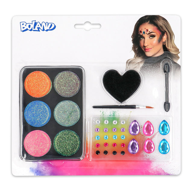 Glamour makeup kit with rhinestones, glitter face paint, sponge, dual applicator, and brush, ideal for festival face makeup looks.