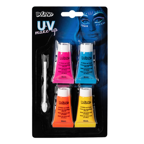 UV neon makeup kit with water-based cream and applicator in blister packaging, featuring fluorescent colors ideal for parties, festivals, and face painting.