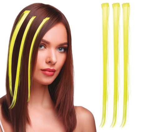 Synthetic yellow hair extensions, 3 strands of 50 cm each, unisex accessory for wigs and hair styling.