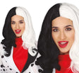 Long black and white synthetic hair wig for women, perfect Halloween costume accessory.